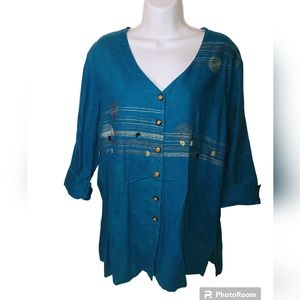C.L.C. Teal Linen Button Blouse Size L